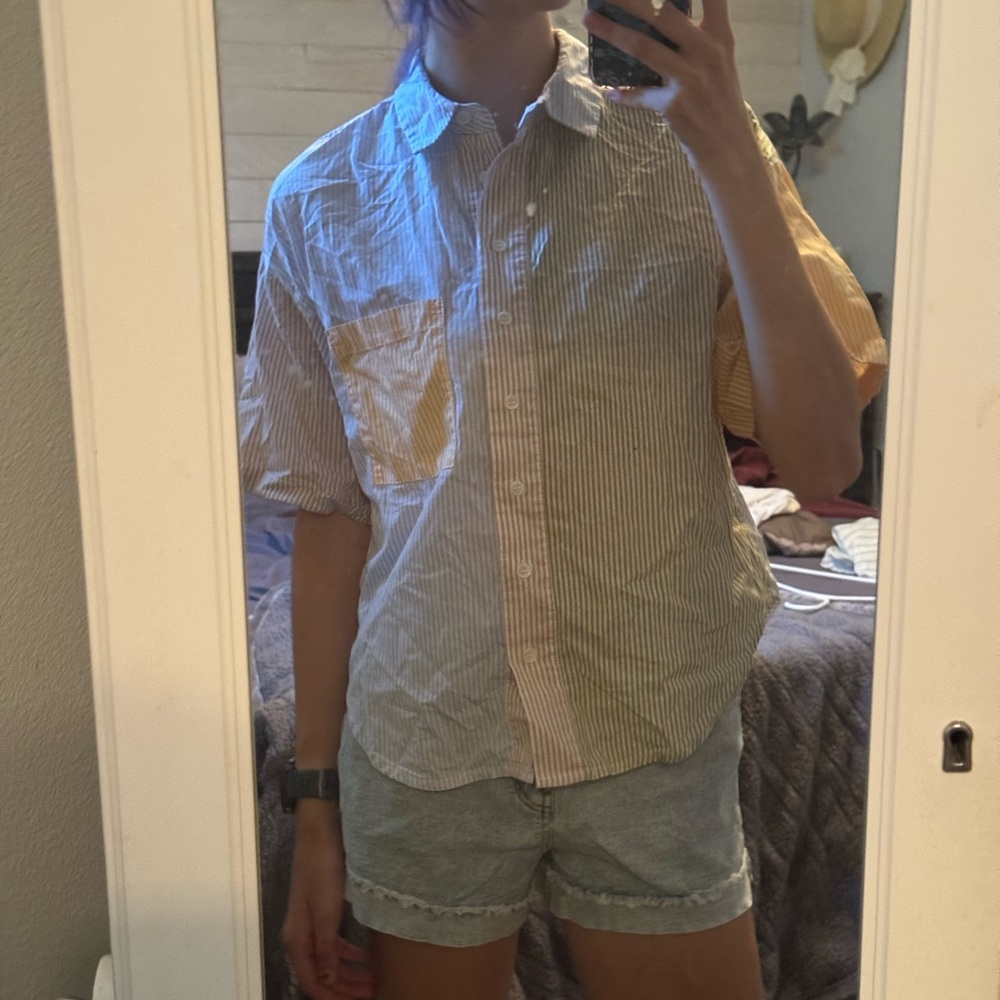 Forever 21 Colorful Striped Blue and Yellow Button-Down
